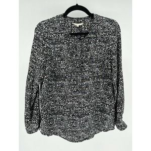 Rebecca Taylor Silk Blouse Black Gray Ivory Abstract Split V Tie Popover Size 4